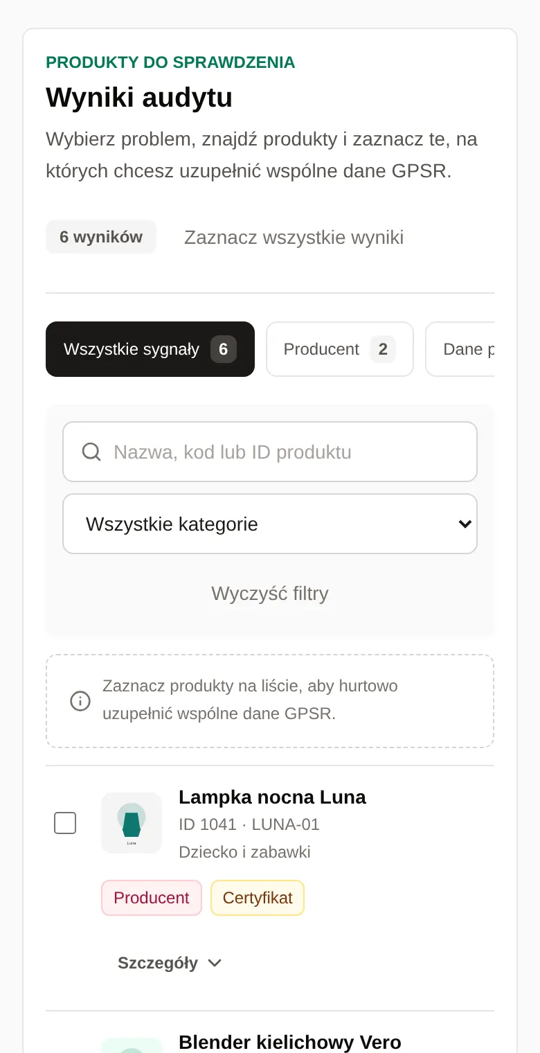 Wyniki audytu na telefonie z filtrami sygnałów, wyszukiwarką i lampką nocną Luna.