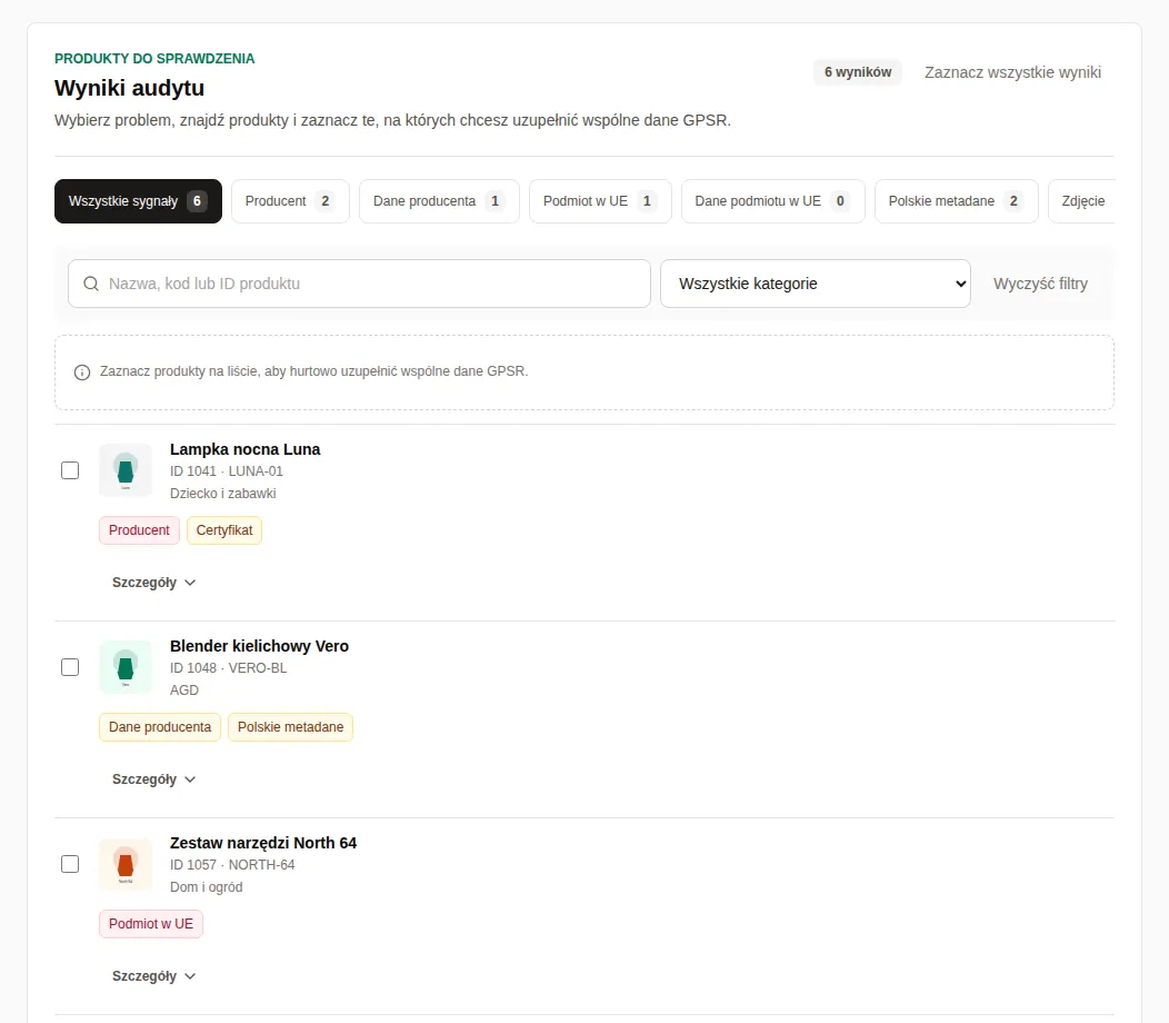 Wyniki audytu z filtrami sygnałów, wyszukiwarką i produktami z plakietkami Producent, Certyfikat, Dane producenta i Podmiot w UE.