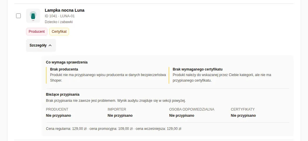 Rozwinięte szczegóły lampki nocnej: brak producenta, brak wymaganego certyfikatu, bieżące przypisania i ceny produktu.