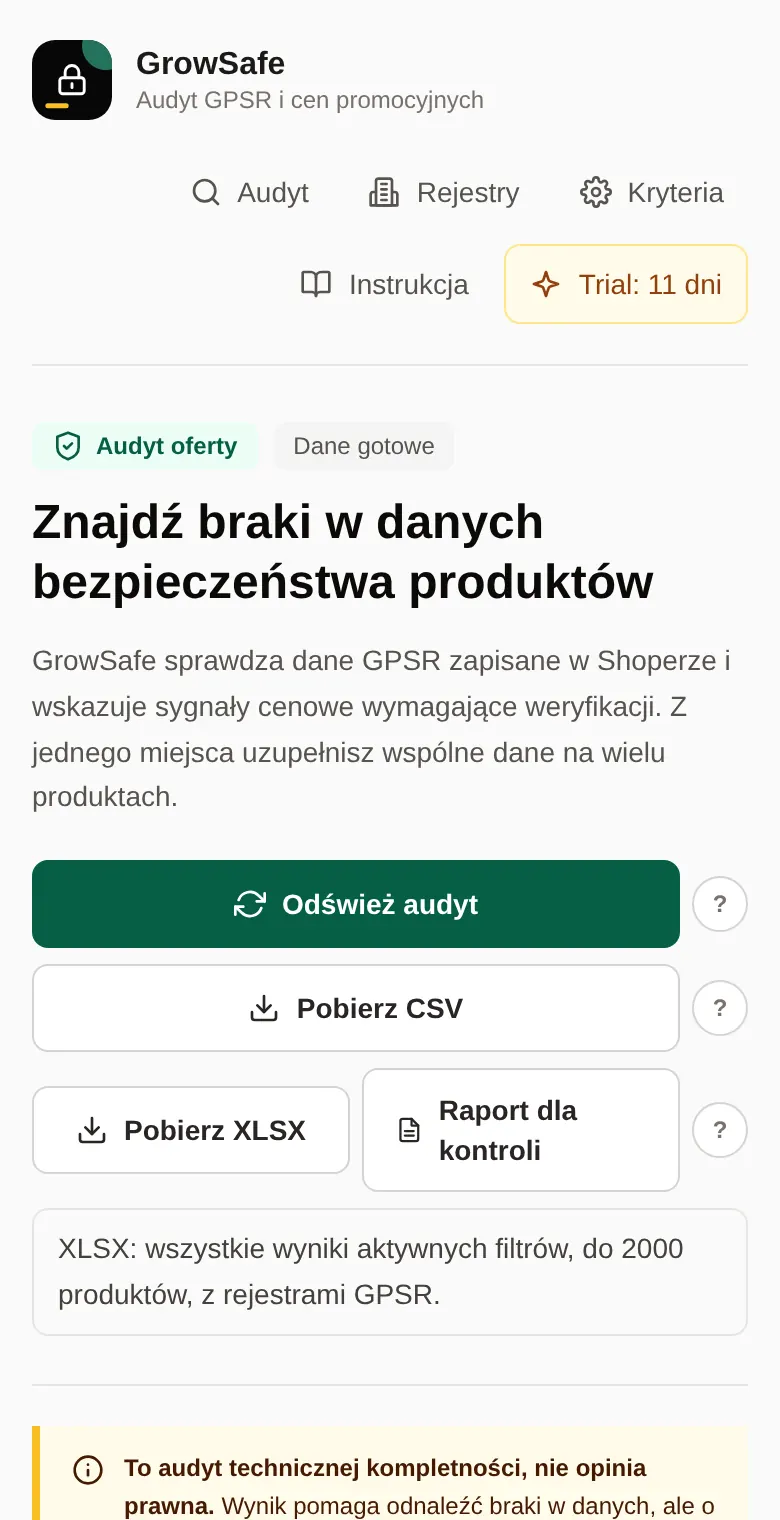 Panel GrowSafe na telefonie: tytuł i przyciski Odśwież audyt, Pobierz CSV, Pobierz XLSX oraz Raport dla kontroli.