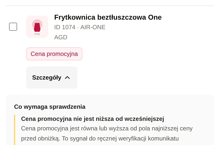 Frytkownica z plakietką Cena promocyjna i opisem: cena promocyjna nie jest niższa od wcześniejszej.