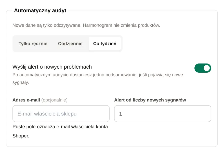 Automatyczny audyt: wybrane Co tydzień, włączony alert o nowych problemach i próg jednego nowego sygnału.