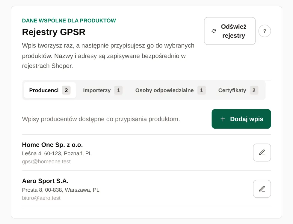 Rejestry GPSR z zakładkami Producenci, Importerzy, Osoby odpowiedzialne i Certyfikaty oraz listą producentów z adresami.