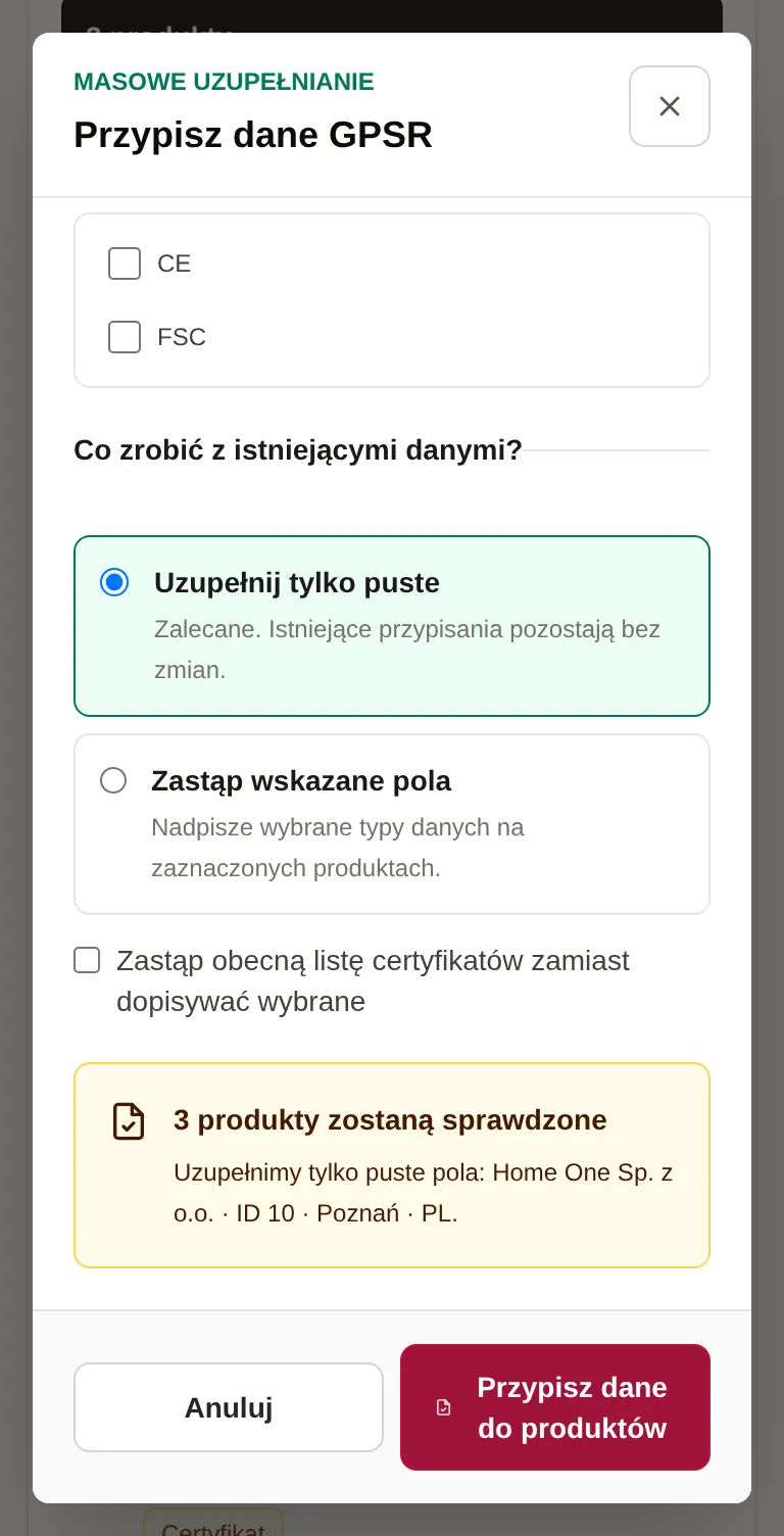 Okno uzupełniania na telefonie z trybem Uzupełnij tylko puste i podsumowaniem dla 3 produktów.