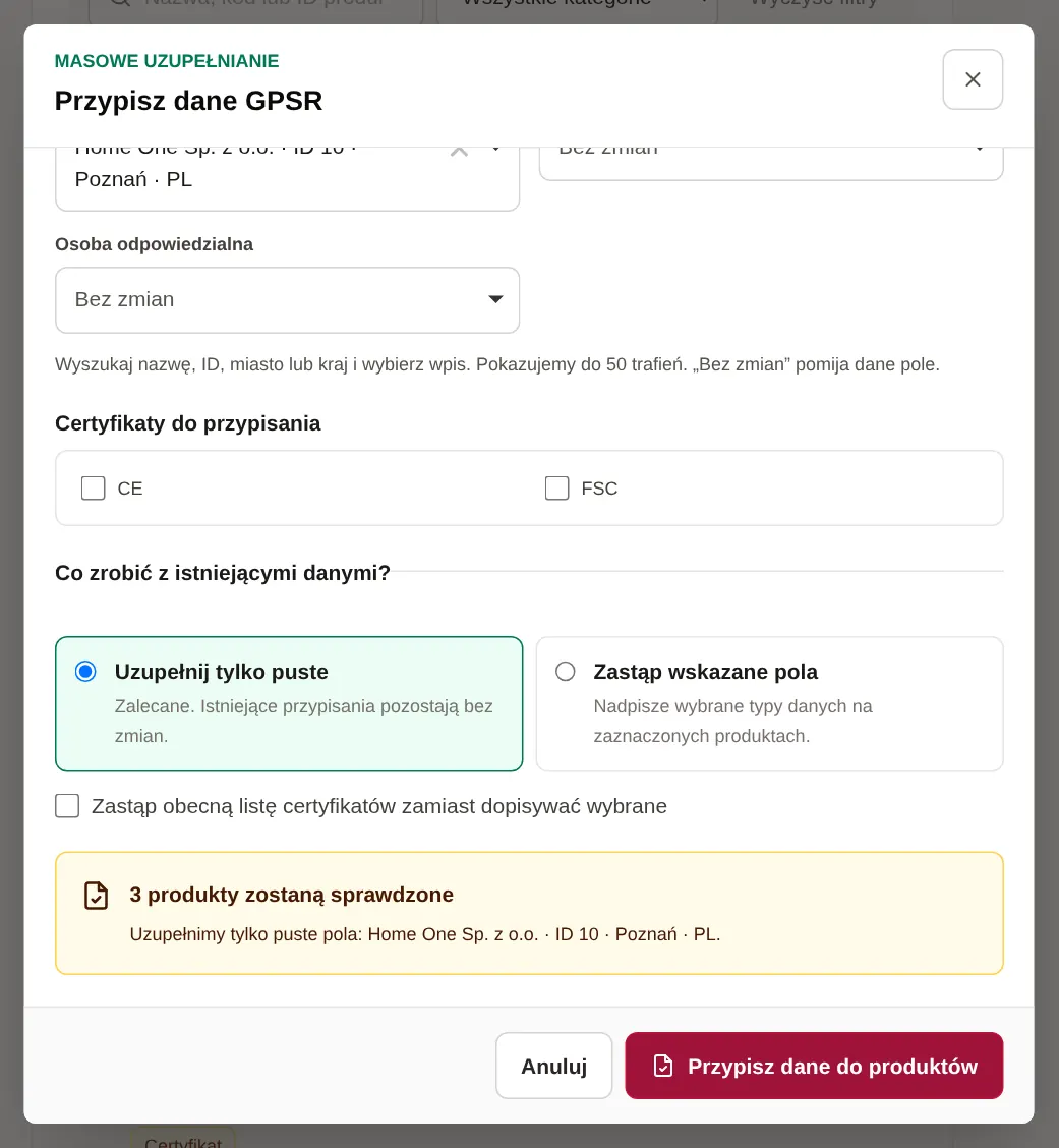 Podsumowanie przed zapisem: 3 produkty zostaną sprawdzone, uzupełnimy tylko puste pola danymi Home One.