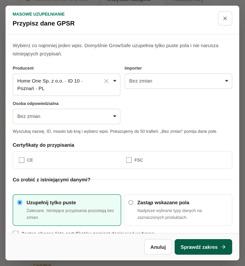 Okno Przypisz dane GPSR: producent Home One wybrany z rejestru i zaznaczony tryb Uzupełnij tylko puste.