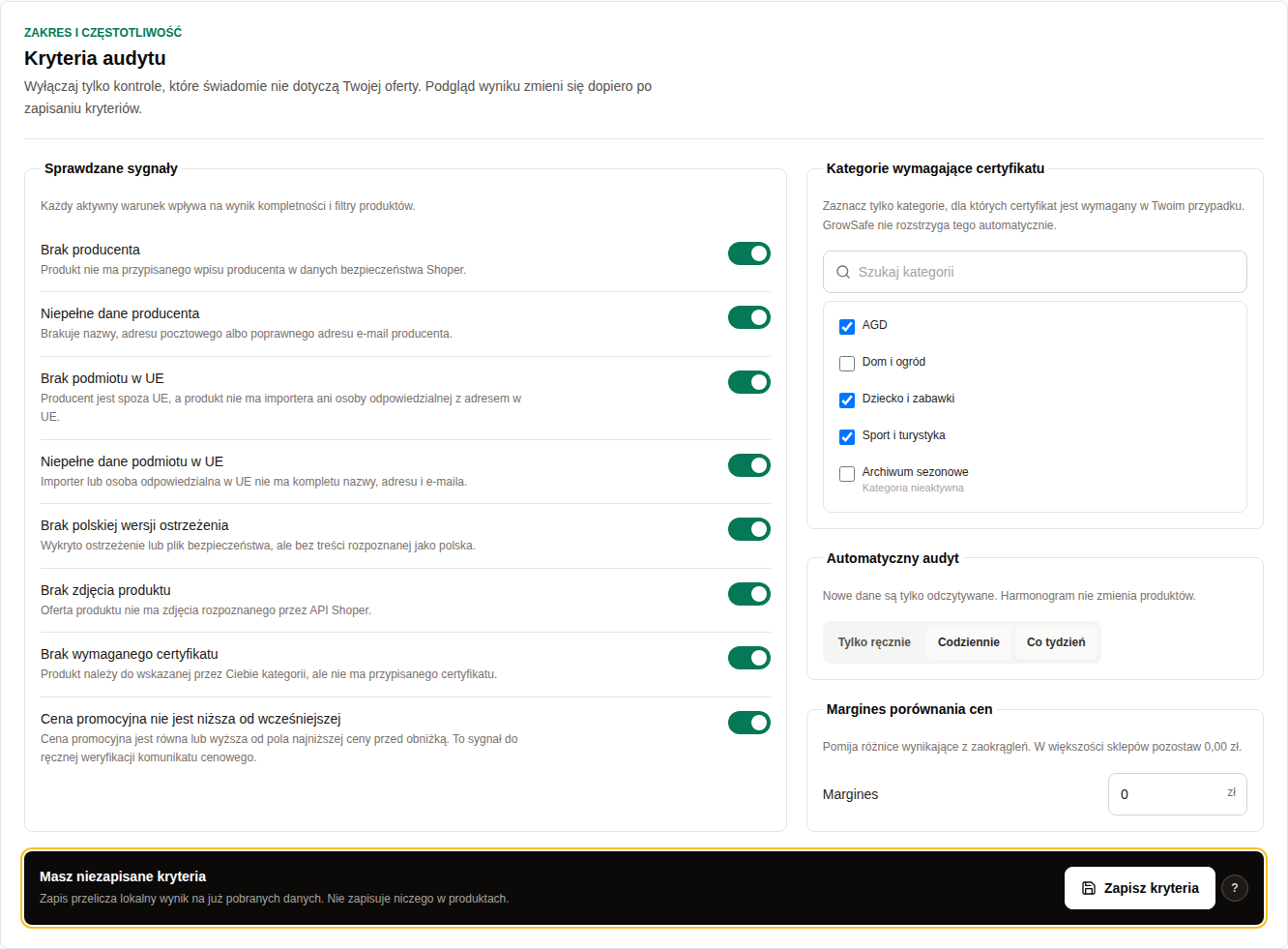 Kryteria audytu GrowSafe z przełącznikami, kategoriami, harmonogramem i marginesem ceny